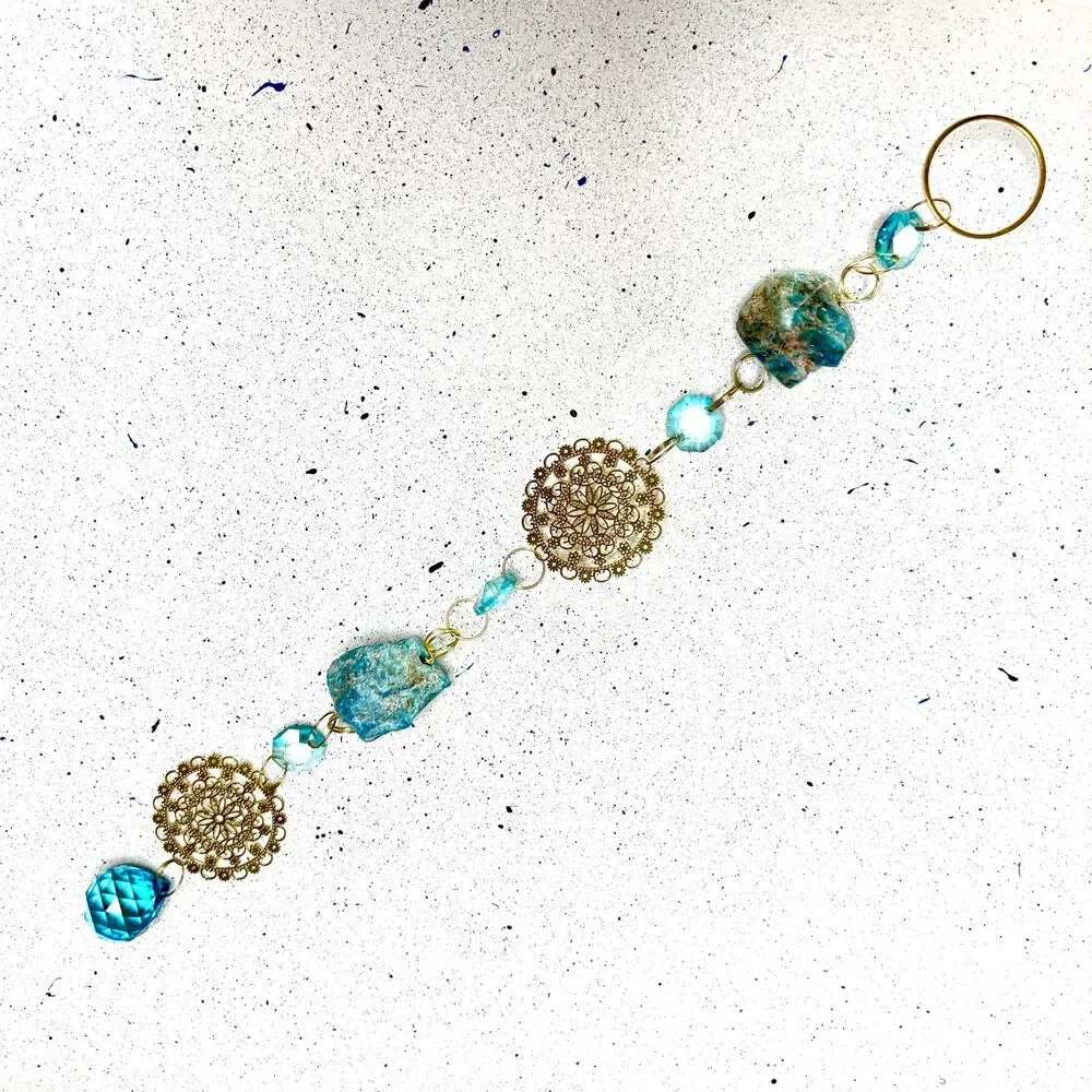 Raw Blue Apatite Hanging | Gold Mandala Filigree Charm | Blue Crystal Prism